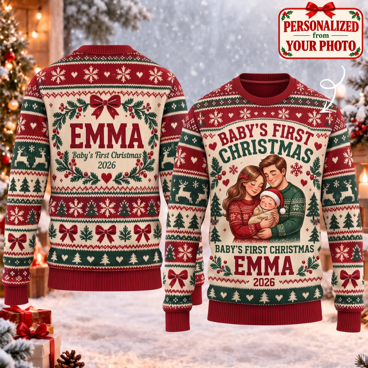Personalized Baby's First Christmas Ugly Sweater - Custom Photo & Names | Christmas Gift | UGS01 Family