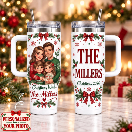 Personalized Christmas With Family 40oz Tumbler with Handle – Custom Photo & Names | Christmas Gift | TBL01 Family