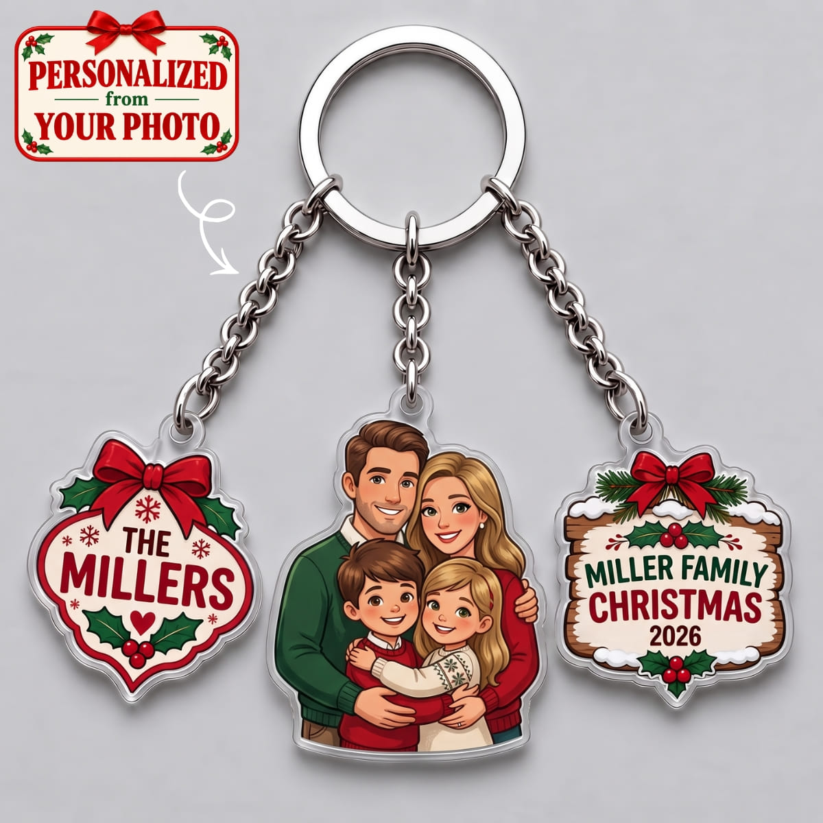 Personalized Family Christmas Triple Charm Keychain - Custom Photo & Names | Christmas Gift | KC01 Family