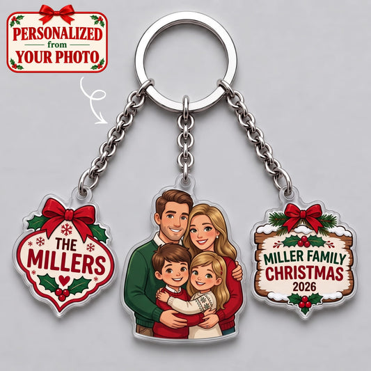 Personalized Family Christmas Triple Charm Keychain - Custom Photo & Names | Christmas Gift | KC01 Family