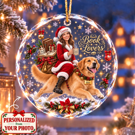 (Made In The USA) Personalized Book Lover & Pet Christmas Round Glass Ornament - Custom Photo, Name & Pet | Christmas Gift | ONM01 Hobbies & Lifestyle
