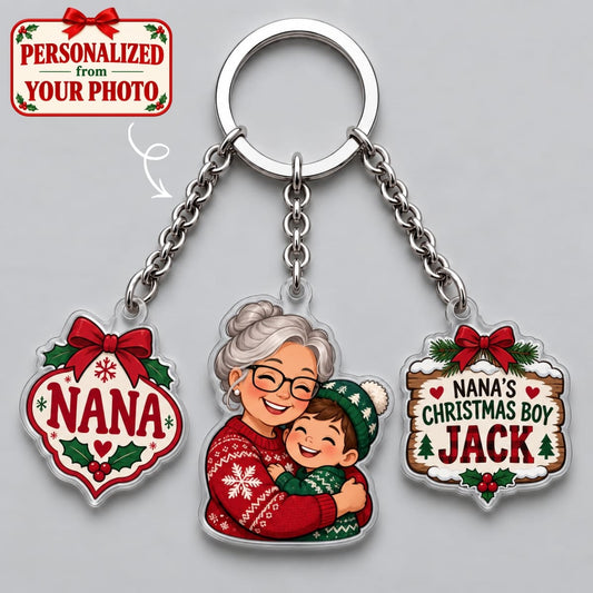 Personalized Grandma & Grandson Triple Charm Keychain - Custom Photo & Names | Christmas Gift | KC01 Family