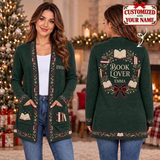 Personalized Book Lover Christmas Long Sleeve Cardigan - Custom Name | Christmas Gift | CDG01 Hobbies & Lifestyle