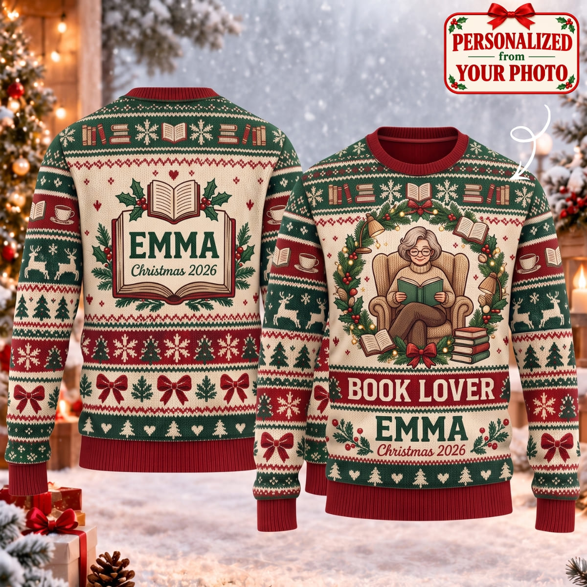 Personalized Book Lover Christmas Ugly Sweater - Custom Photo & Names | Christmas Gift | UGS01 Hobbies & Lifestyle