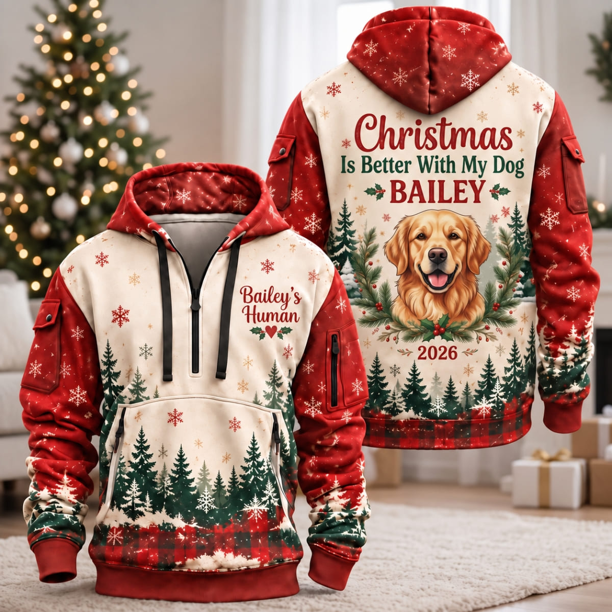 Personalized Christmas With My Dog Quarter Zipper Hoodie - Custom Photo & Name | Christmas Gift | HDZ01 Pets