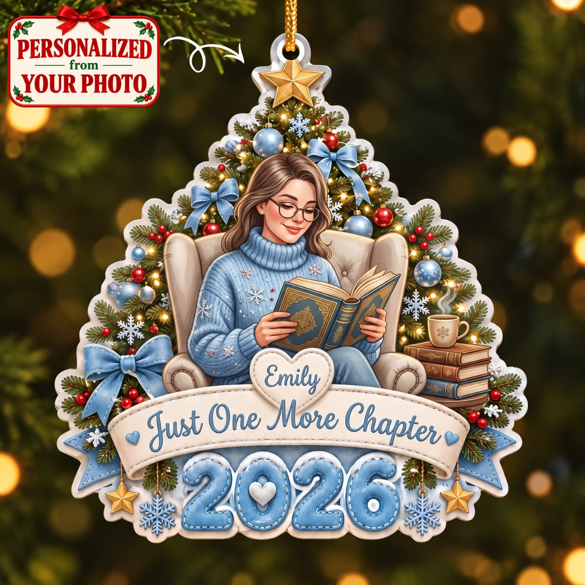 (Made In The USA) Personalized Book Lover Blue Christmas Ornament - Custom Photo & Name | Christmas Gift | ONM04 Hobbies & Lifestyle