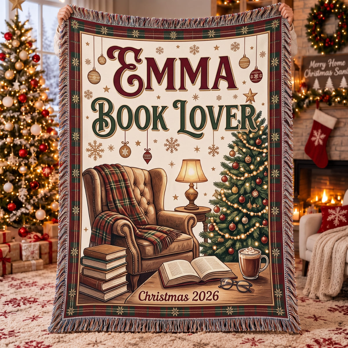 Personalized Book Lover Christmas Woven Blanket - Custom Name | Christmas Gift | WBL01 Hobbies & Lifestyle