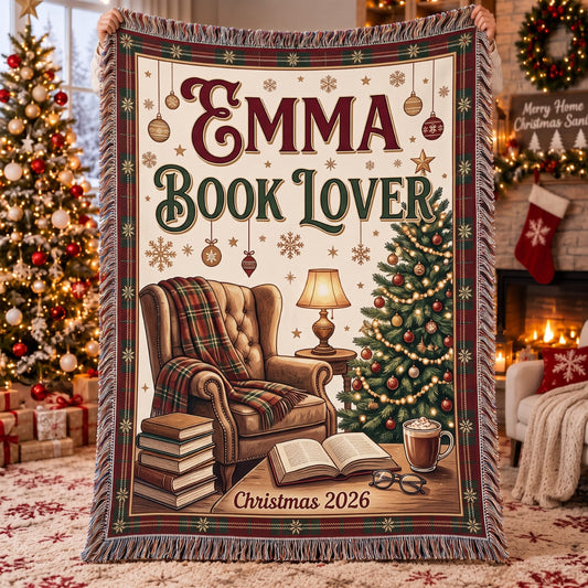 Personalized Book Lover Christmas Woven Blanket - Custom Name | Christmas Gift | WBL01 Hobbies & Lifestyle