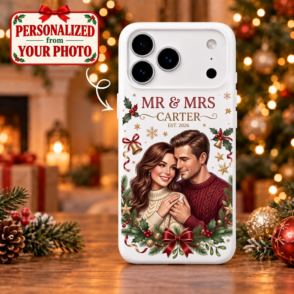 Personalized Mr & Mrs iPhone Case - Custom Photo & Name | Christmas Gift | PHC01 Couples