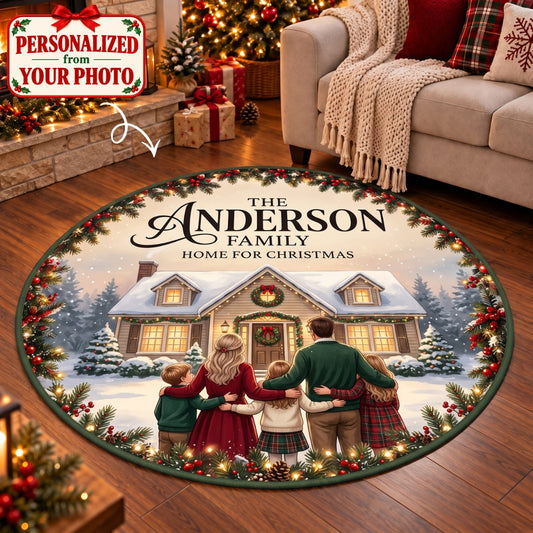 Personalized Family Home For Christmas Round Rug - Custom Photo & Name | Christmas Gift | RRD01 Family