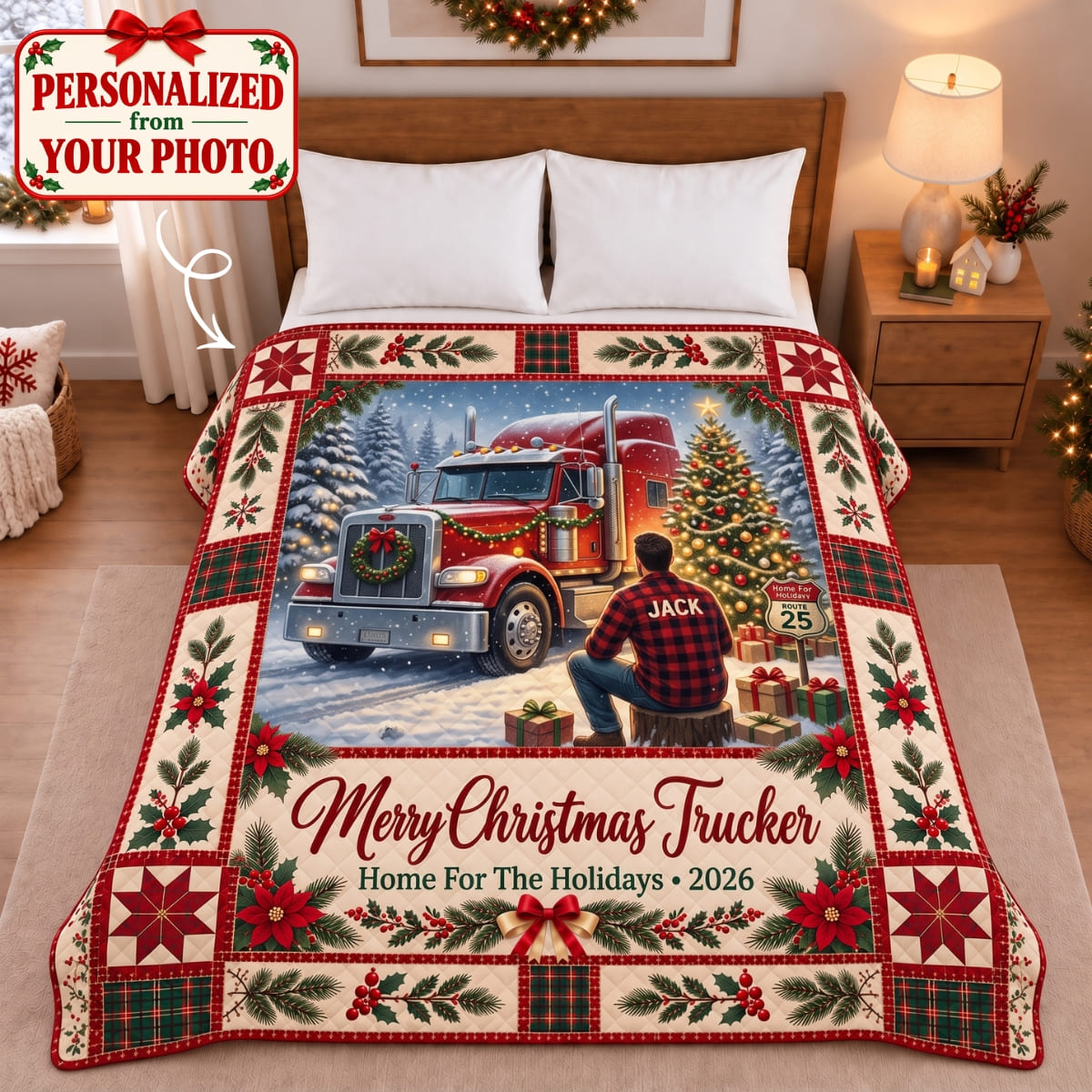 Personalized Merry Christmas Trucker Quilted Blanket - Custom Photo & Name | Christmas Gift | QBL01 Occupations