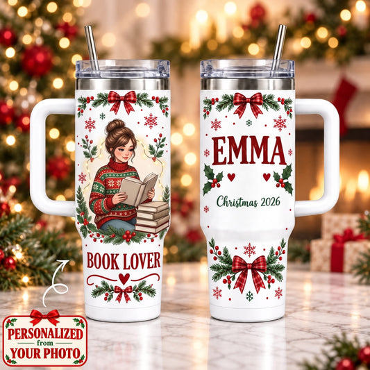 Personalized Book Lover Christmas 40oz Tumbler with Handle – Custom Photo & Names | Christmas Gift | TBL01 Hobbies & Lifestyle