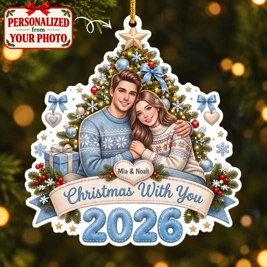 (Made In The USA) Personalized Couple Christmas With You Blue Christmas Ornament - Custom Photo & Name | Christmas Gift | ONM04 Couples