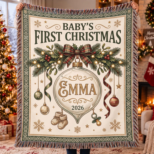 Personalized Baby's First Christmas Woven Blanket - Custom Name | Christmas Gift | WBL01 Family