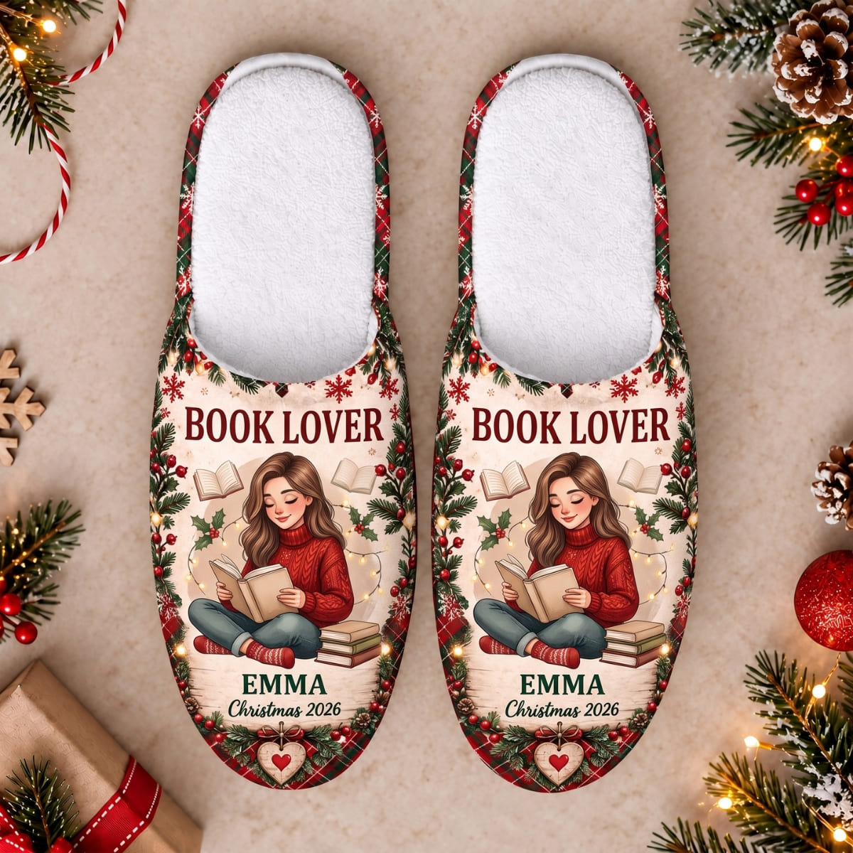 Personalized Book Lover Christmas Slippers - Custom Photo & Name | Christmas Gift | SLP01 Hobbies & Lifestyle