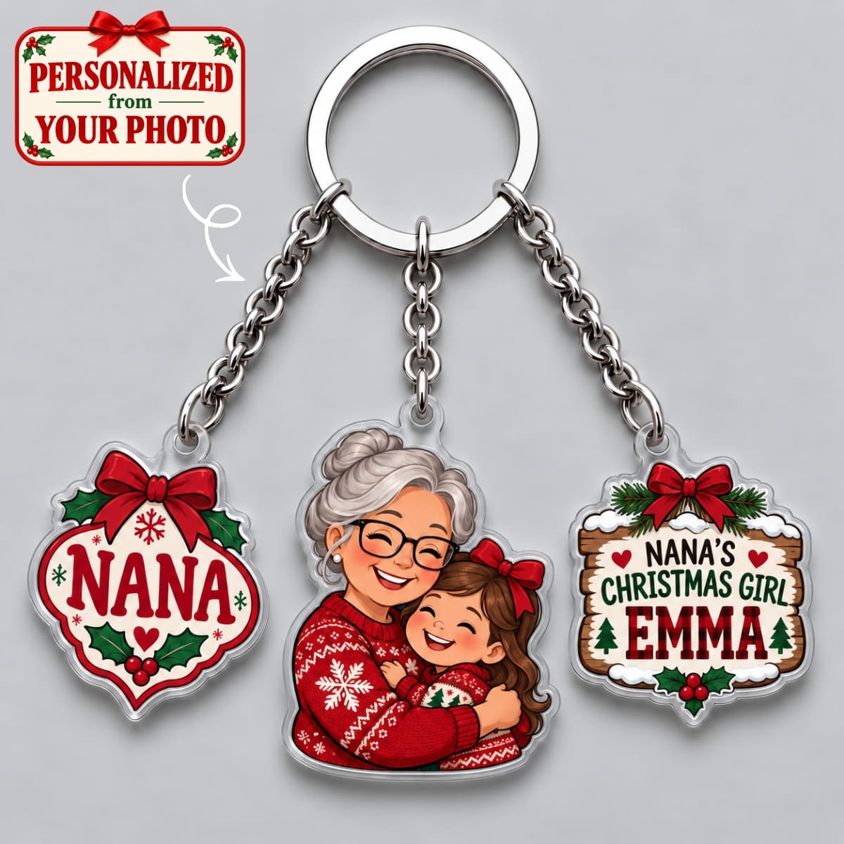 Personalized Grandma & Granddaughter Triple Charm Keychain - Custom Photo & Names | Christmas Gift | KC01 Family