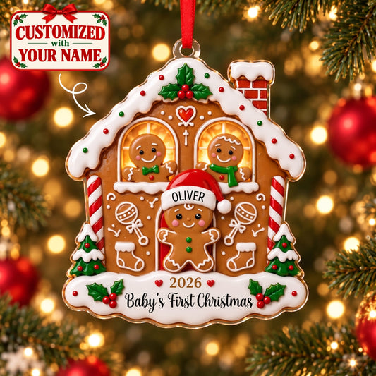 (Made In The USA) Personalized Baby's First Christmas Gingerbread House Acrylic Ornament - Custom Name | Christmas Gift | ONM02 Family