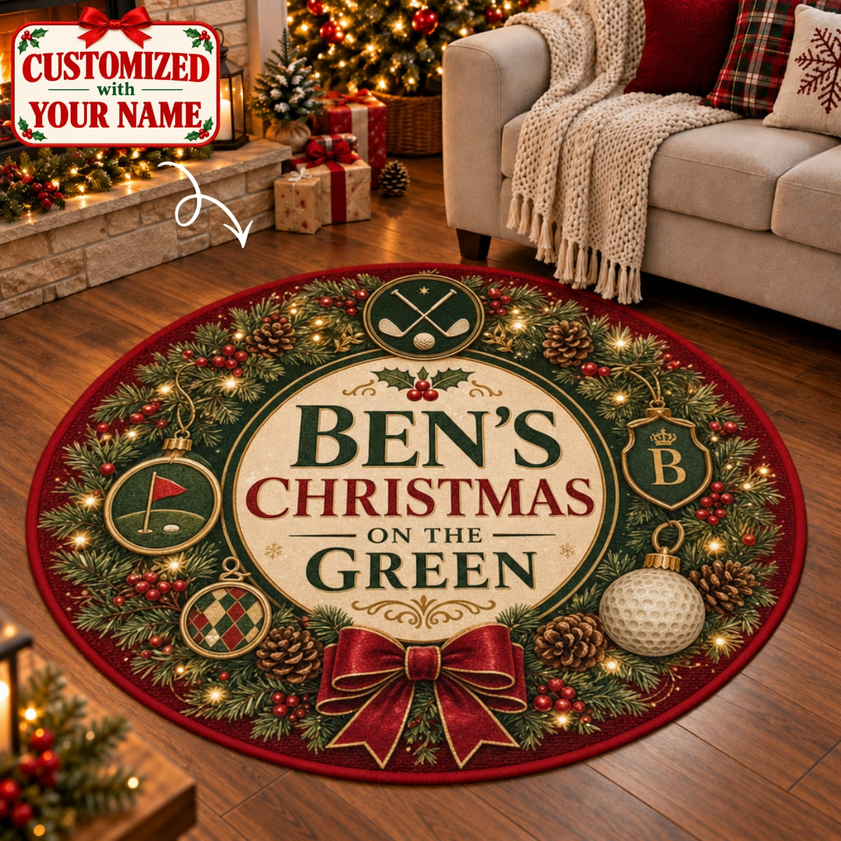 Personalized Golfer Christmas On The Green Round Rug - Custom Name | Christmas Gift | RRD01 Hobbies & Lifestyle