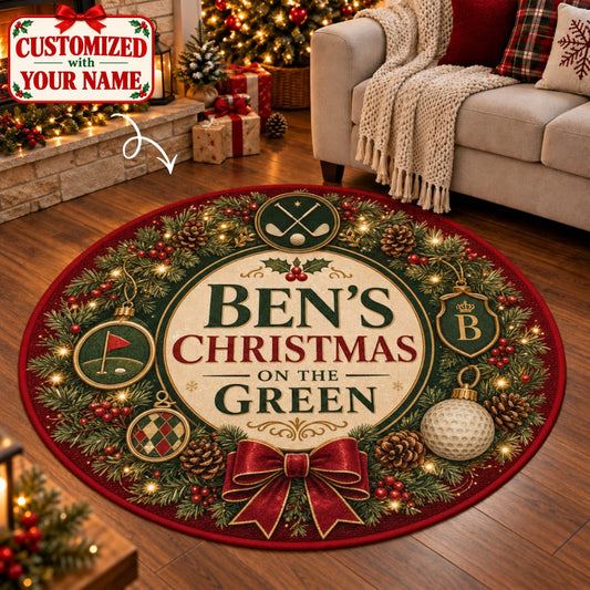 Personalized Golfer Christmas On The Green Round Rug - Custom Name | Christmas Gift | RRD01 Hobbies & Lifestyle