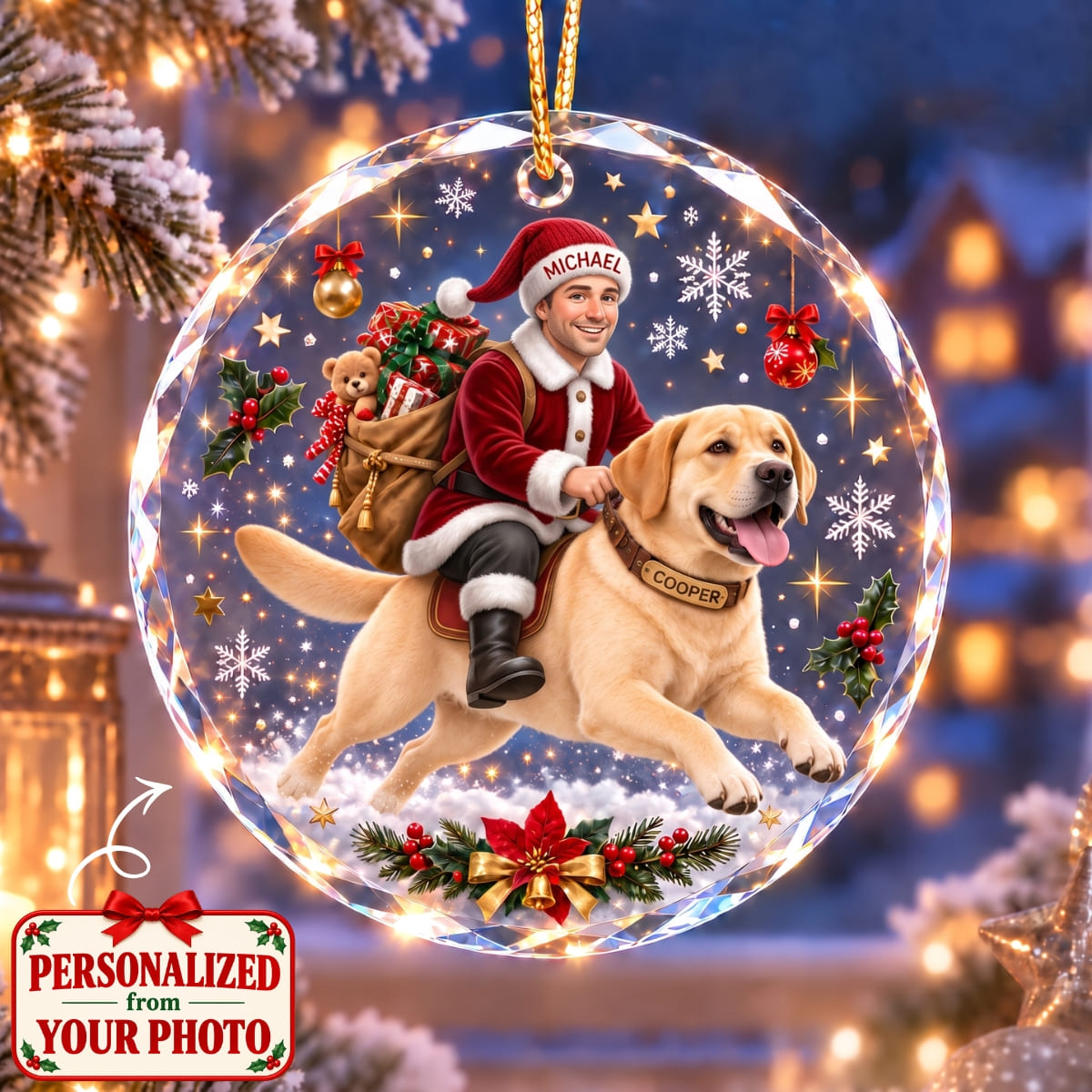(Made In The USA) Personalized Dad & Pet Christmas Round Glass Ornament - Custom Photo, Name & Pet | Christmas Gift | ONM01 Family
