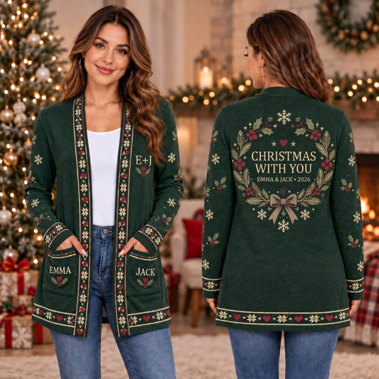 Personalized Couples Christmas With You Long Sleeve Cardigan - Custom Name | Christmas Gift | CDG01 Couples