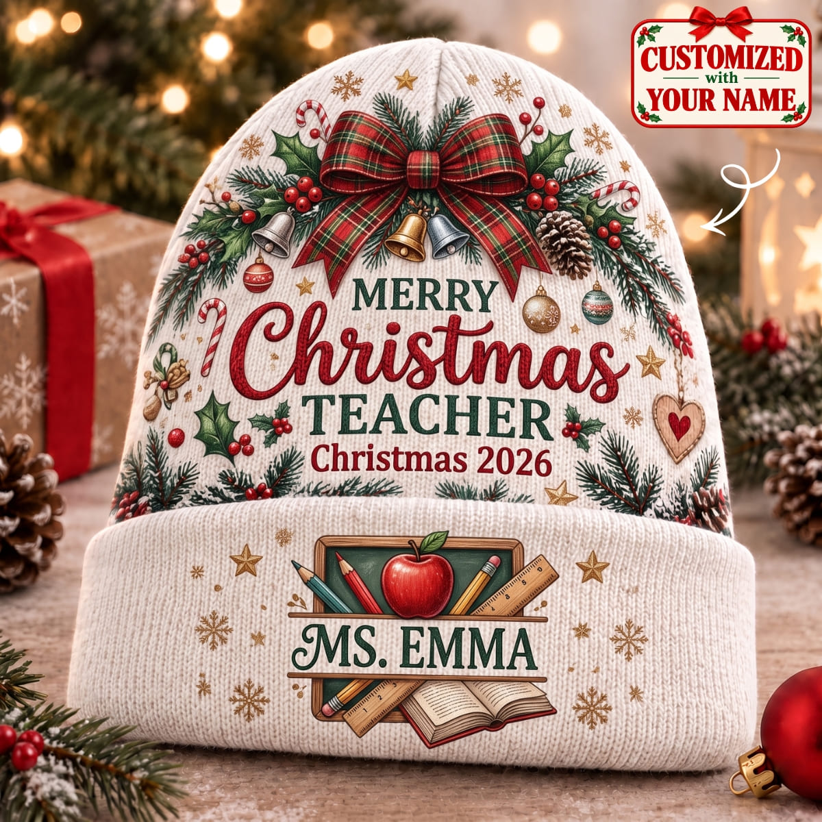 Personalized Merry Christmas Teacher Knitted Hat - Custom Name | Christmas Gift | ML01 Occupations