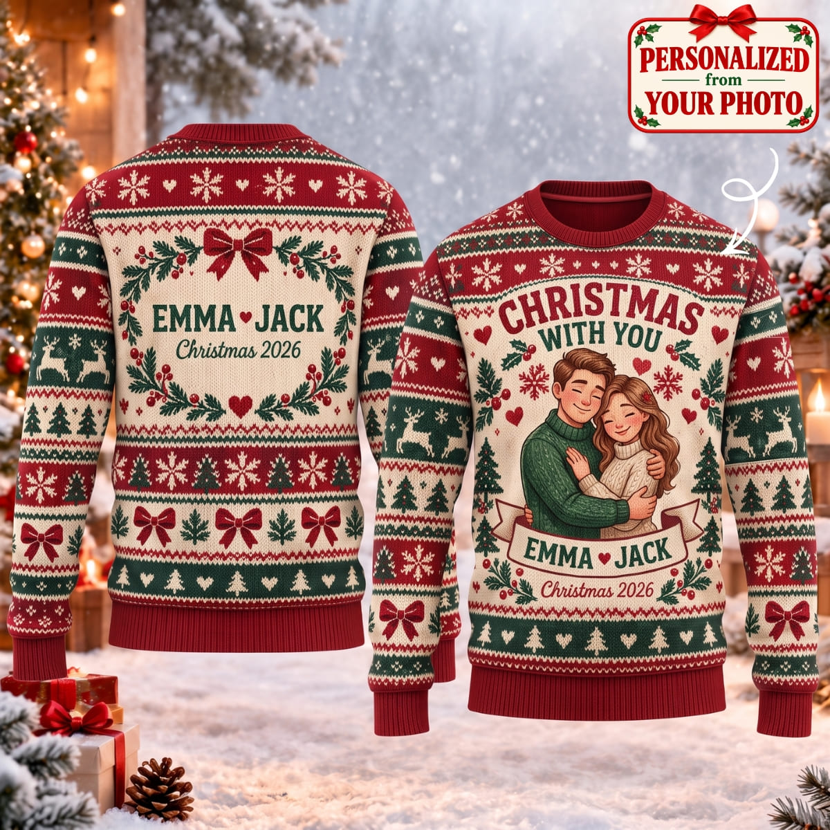 Personalized Couple Christmas With You Ugly Sweater - Custom Photo & Names | Christmas Gift | UGS01 Couples