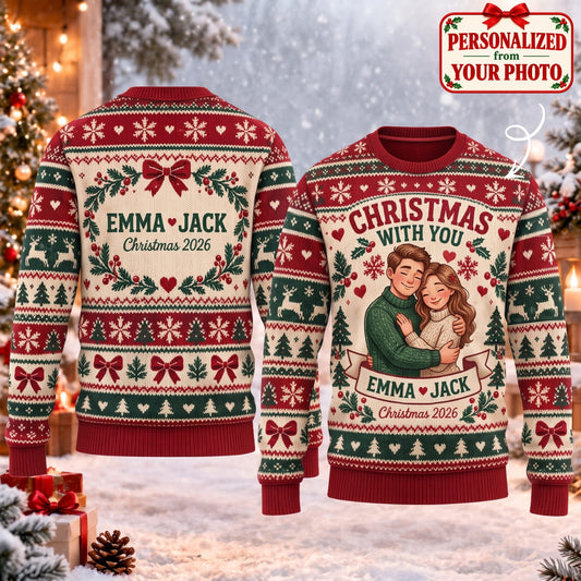 Personalized Couple Christmas With You Ugly Sweater - Custom Photo & Names | Christmas Gift | UGS01 Couples