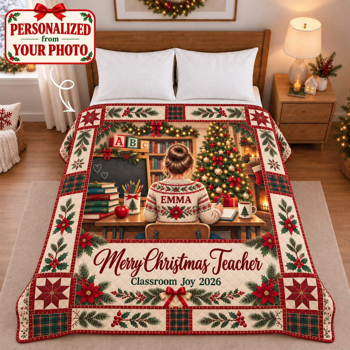 Personalized Merry Christmas Teacher Quilted Blanket - Custom Photo & Name | Christmas Gift | QBL01 Occupations