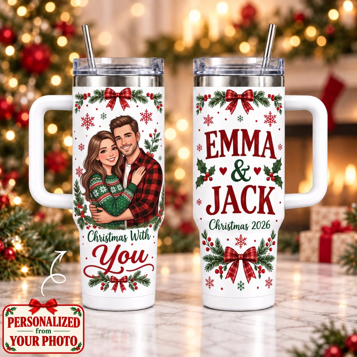 Personalized Couples Christmas With You 40oz Tumbler with Handle – Custom Photo & Names | Christmas Gift | TBL01 Couples