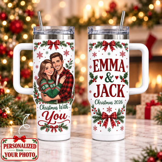 Personalized Couples Christmas With You 40oz Tumbler with Handle – Custom Photo & Names | Christmas Gift | TBL01 Couples
