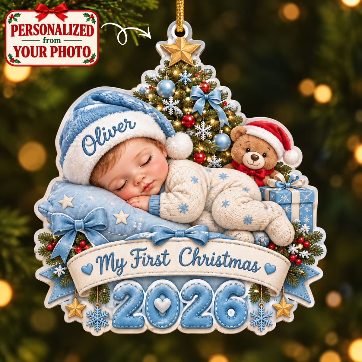 (Made In The USA) Personalized Baby's First Christmas Blue Christmas Ornament - Custom Photo & Name | Christmas Gift | ONM04 Family