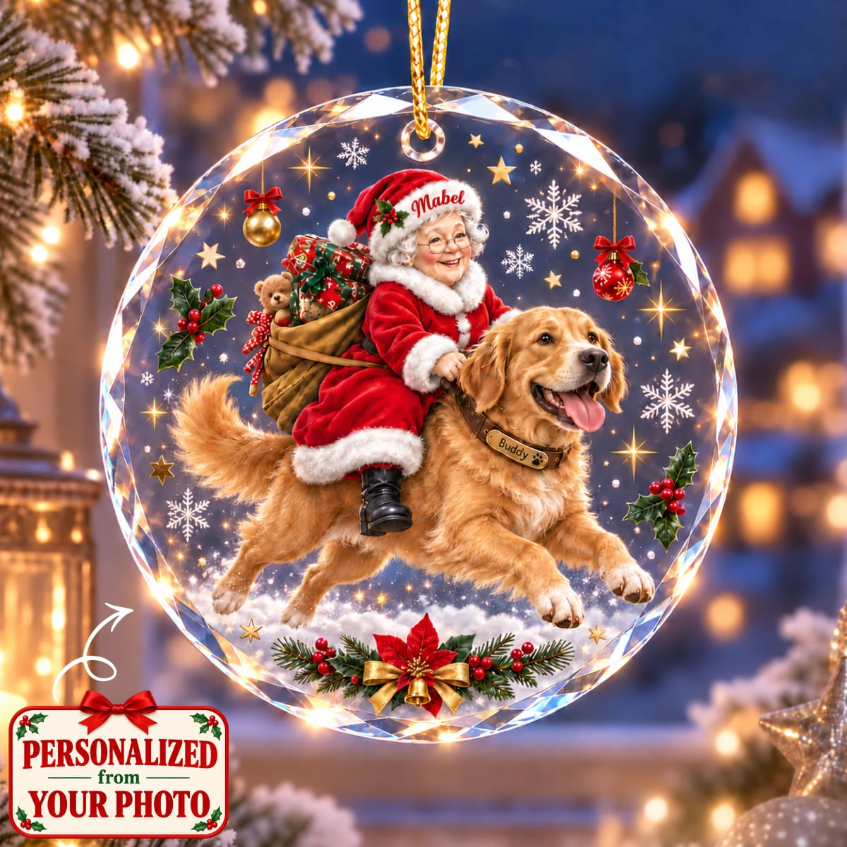 (Made In The USA) Personalized Grandma & Pet Christmas Round Glass Ornament - Custom Photo, Name & Pet | Christmas Gift | ONM01 Family