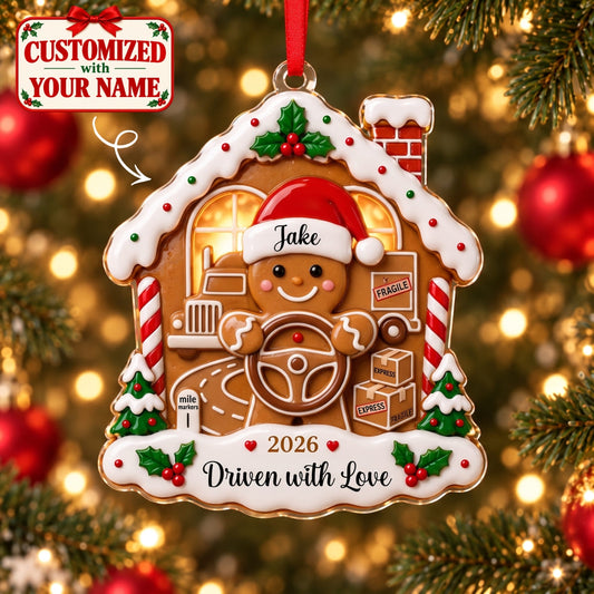 (Made In The USA) Personalized Trucker Christmas Gingerbread House Acrylic Ornament - Custom Name | Christmas Gift | ONM02 Occupations