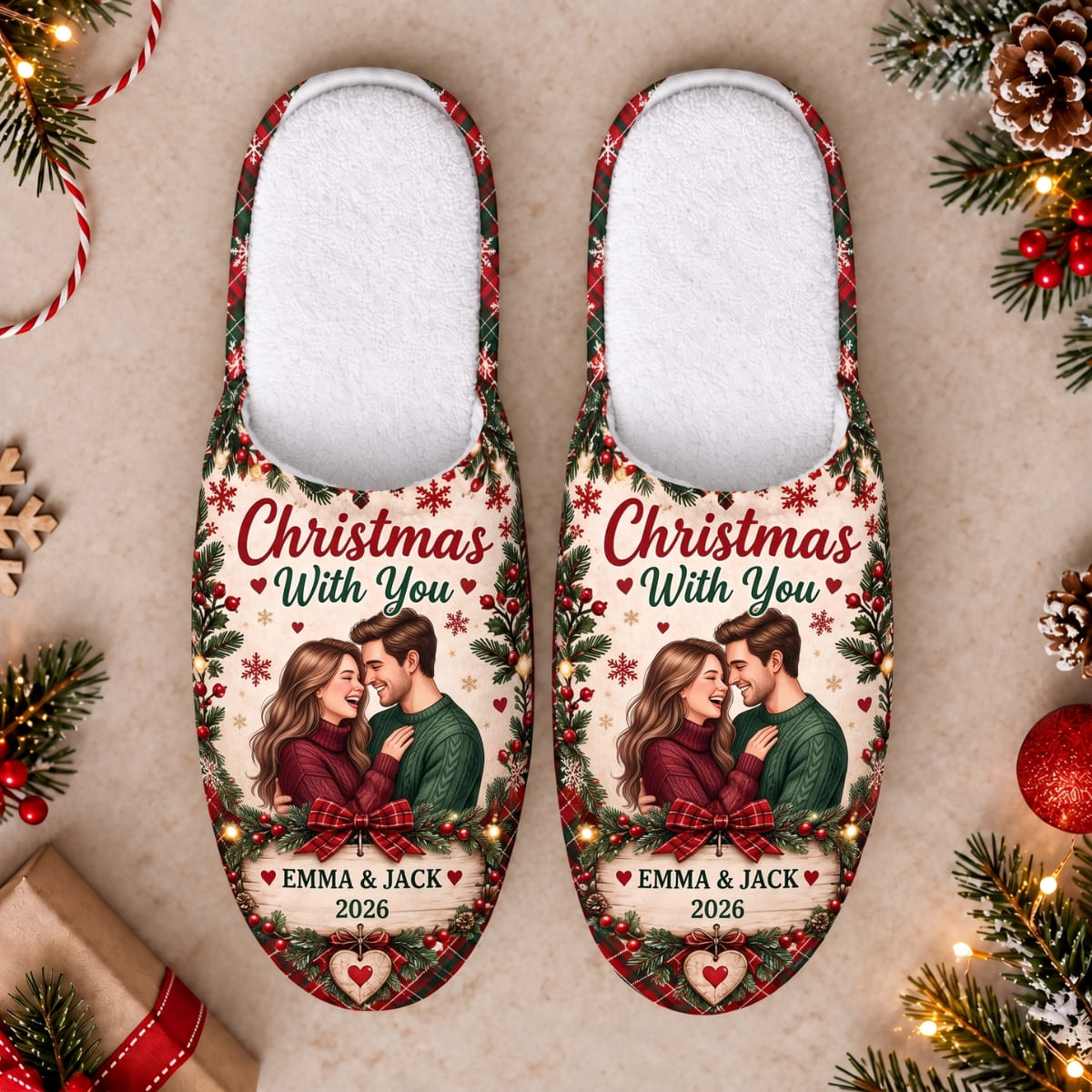 Personalized Couple Christmas With You Slippers - Custom Photo & Name | Christmas Gift | SLP01 Couples