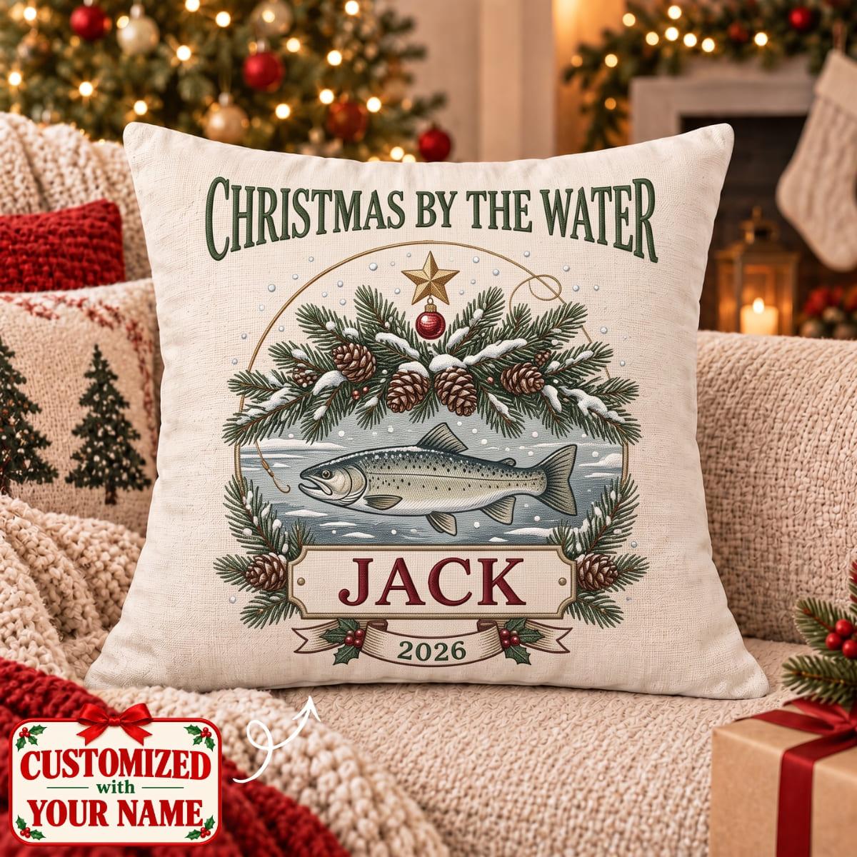 Personalized Christmas By The Water Pillow - Custom Name | Christmas Gift | HPL01 Hobbies & Lifestyle