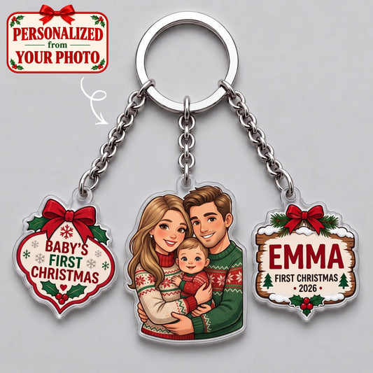 Personalized Baby's First Christmas Triple Charm Keychain - Custom Photo & Names | Christmas Gift | KC01 Family