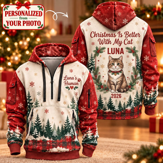 Personalized Christmas With My Cat Quarter Zipper Hoodie - Custom Photo & Name | Christmas Gift | HDZ01 Pets