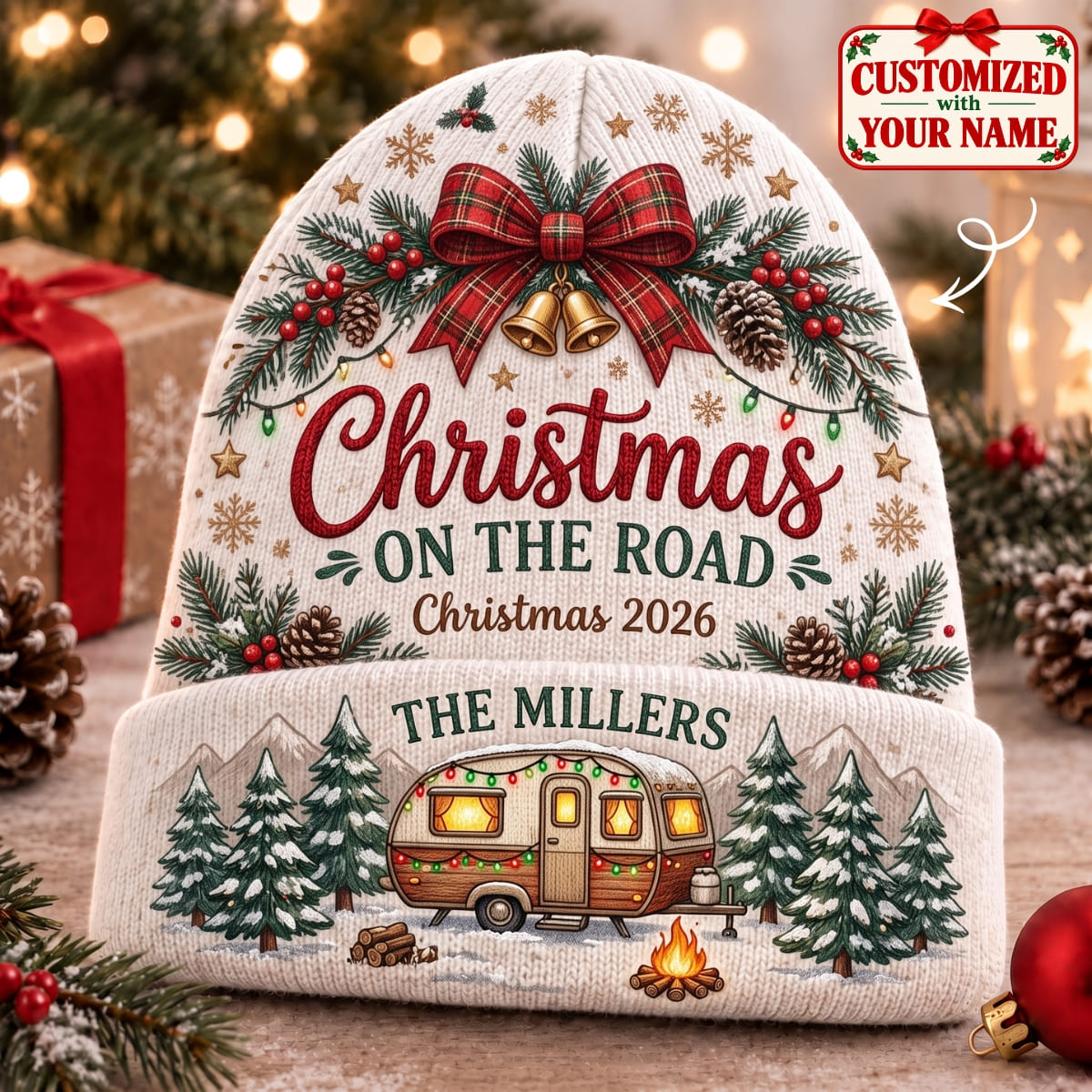 Personalized Family Christmas On The Road Knitted Hat - Custom Name | Christmas Gift | ML01 Hobbies & Lifestyle
