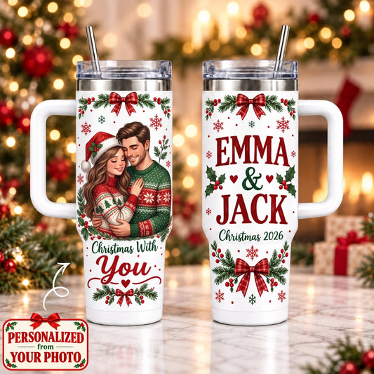 Personalized Christmas With You - Christmas 2026 40oz Tumbler with Handle – Custom Photo & Names | Christmas Gift | TBL01 Couples