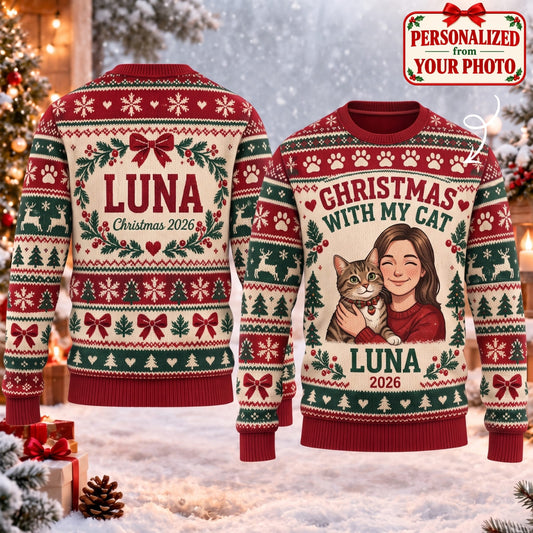 Personalized Christmas With My Cat Ugly Sweater - Custom Photo & Names | Christmas Gift | UGS01 Pets