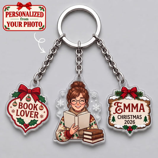 Personalized Book Lover Triple Charm Keychain - Custom Photo & Names | Christmas Gift | KC01 Hobbies & Lifestyle