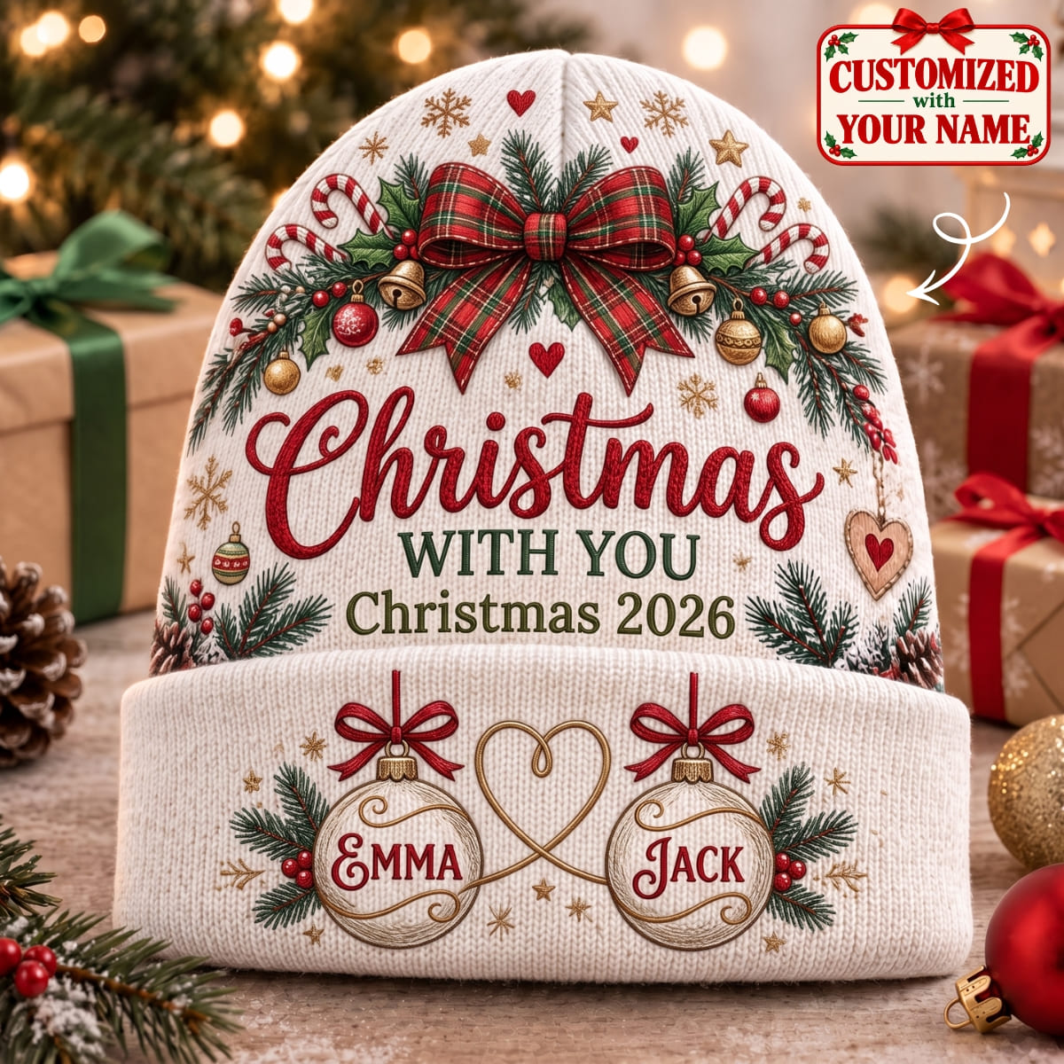 Personalized Couple Christmas With You Knitted Hat - Custom Name | Christmas Gift | ML01 Couples