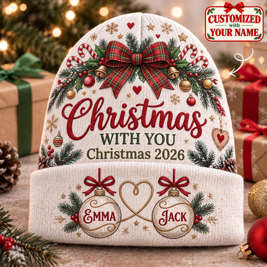 Personalized Couple Christmas With You Knitted Hat - Custom Name | Christmas Gift | ML01 Couples