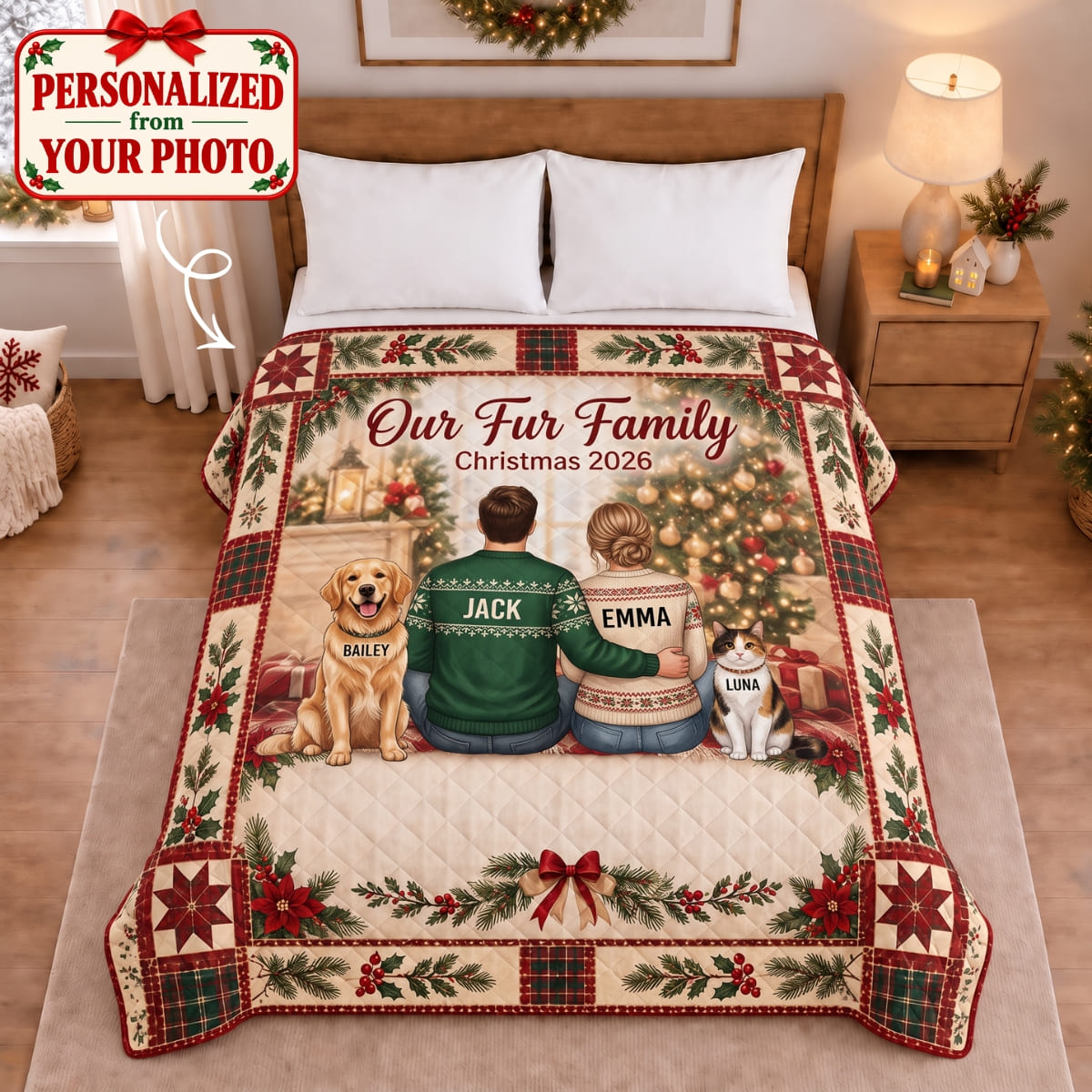 Personalized Pet Our Fur Family Quilted Blanket - Custom Photo & Name | Christmas Gift | QBL01 Pets