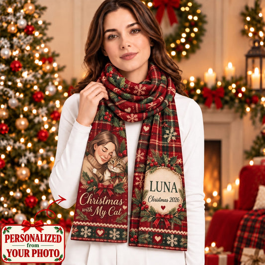 Personalized Christmas With My Cat Scarf - Custom Photo & Names | Christmas Gift | SCT01 Pets