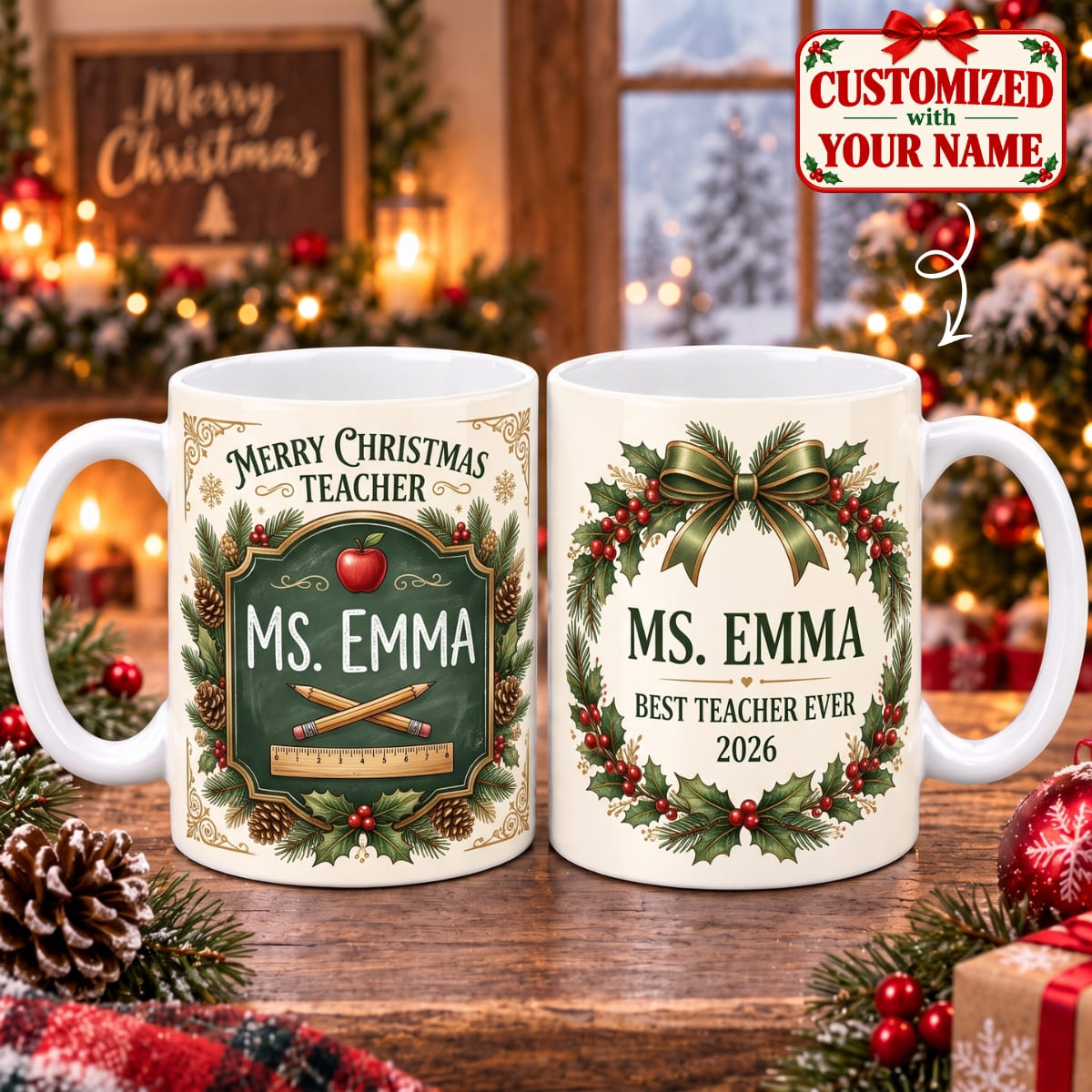 Personalized Merry Christmas Teacher Mug - Custom Name | Christmas Gift | MUG01 Occupations