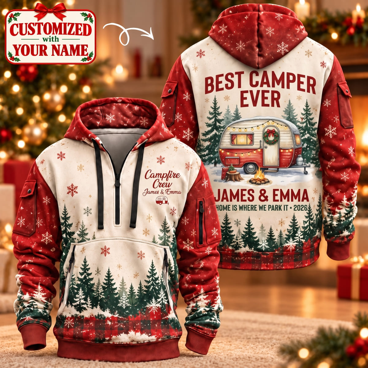 Personalized Christmas Best Camper Ever Quarter Zipper Hoodie - Custom Name | Christmas Gift | HDZ01 Hobbies & Lifestyle