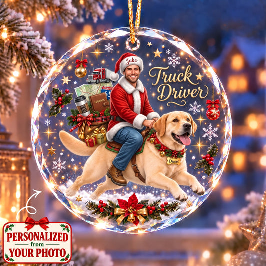 (Made In The USA) Personalized Truck Driver & Pet Christmas Round Glass Ornament - Custom Photo, Name & Pet | Christmas Gift | ONM01 Occupations