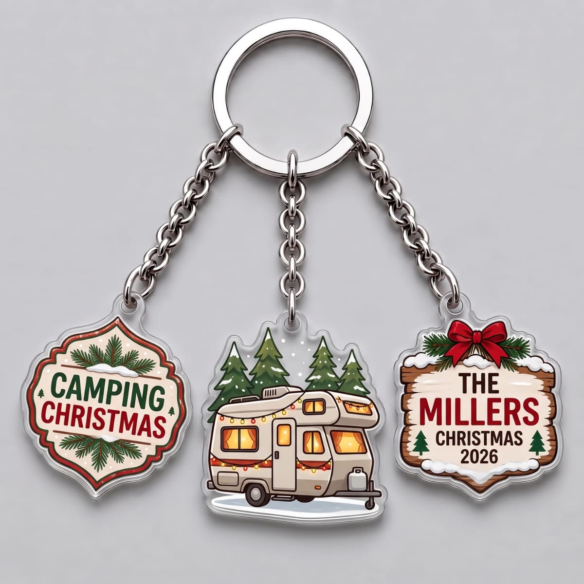 Personalized Camping Christmas Triple Charm Keychain - Custom Photo & Names | Christmas Gift | KC01 Hobbies & Lifestyle